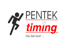 Logo von Pentek Timing mit stilisierter Laufperson, rotem Schriftzug „timing“ und kleiner Uhr. Es steht für professionelle Zeitmessung bei Sportveranstaltungen.