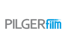 Pilgerfilm-Logo in grauer Schrift mit blauem „film“-Element. Es steht für Filmproduktion und visuelle Medien.